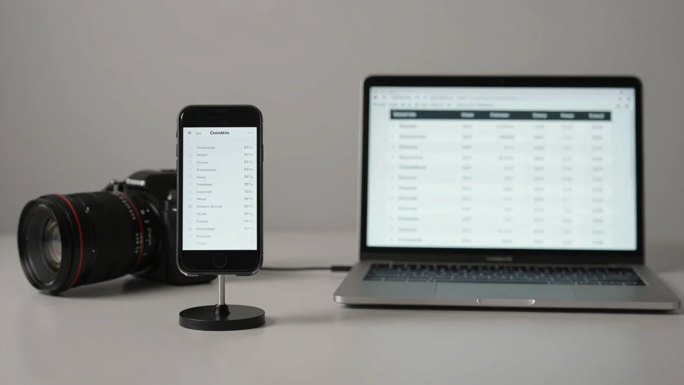 Clean workstation setup with a smartphone on a stand next to a la